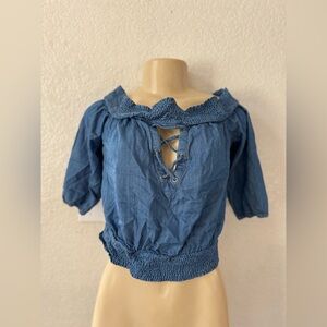bebe Denim Blue Lace-Up Blouse off the shoulder sexy y2k